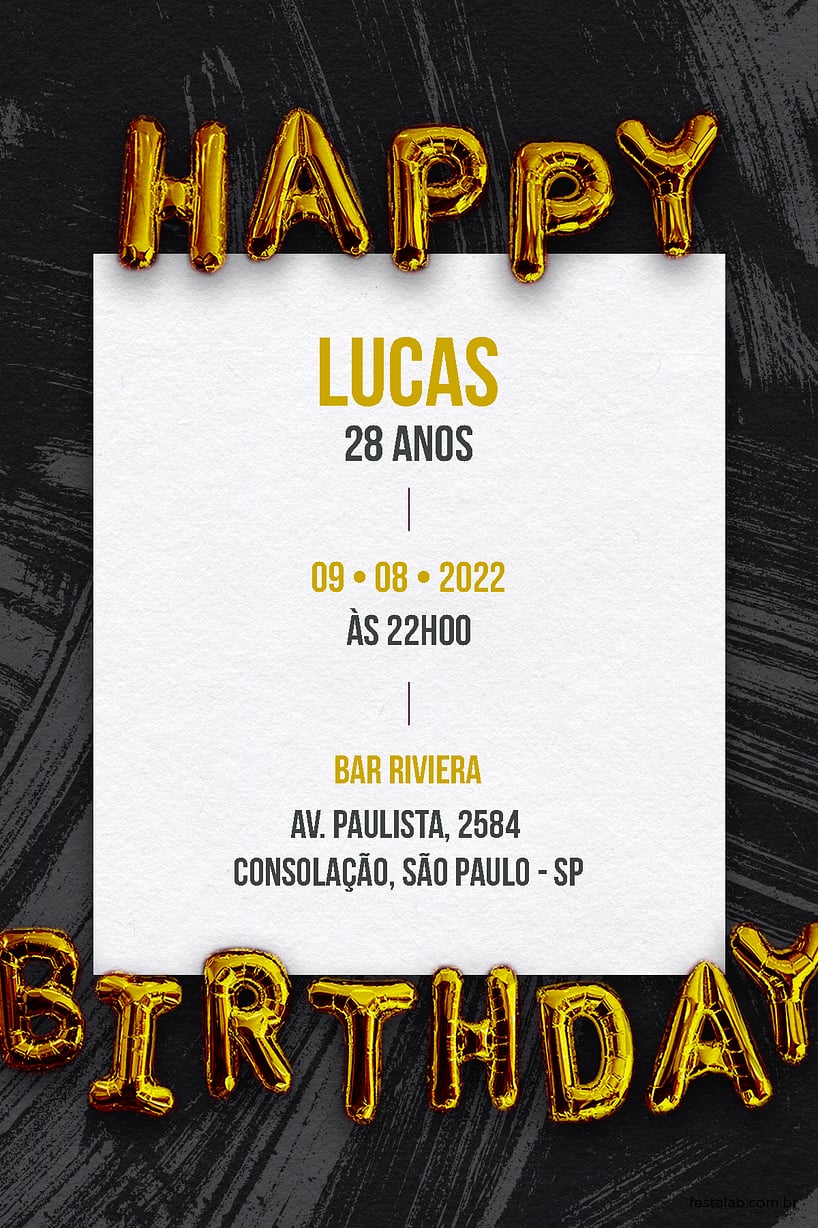 Convite de Aniversario Adulto - Happy Birthday: Preto